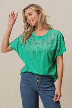 Green Embellished T Shirt with Rhinestone Bead Sleeve Detail Woman T Shirts