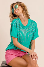 Green Embellished T Shirt with Rhinestone Bead Sleeve Detail Woman T Shirts