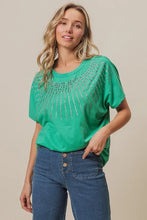 Green Embellished T Shirt with Rhinestone Bead Sleeve Detail
