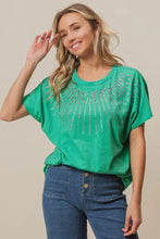 Green Embellished T Shirt with Rhinestone Bead Sleeve Detail Woman T Shirts