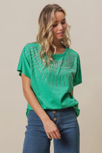 Green Embellished T Shirt with Rhinestone Bead Sleeve Detail