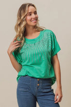 Green Embellished T Shirt with Rhinestone Bead Sleeve Detail