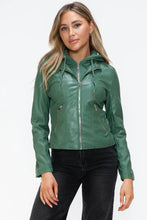 Green Faux Leather Drawstring Hooded Jacket for Women Sage