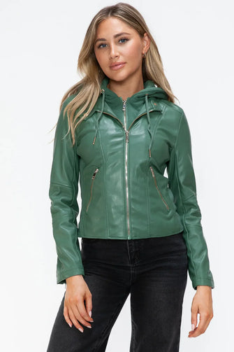 Green Faux Leather Drawstring Hooded Jacket for Women Sage