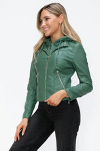 Green Faux Leather Drawstring Hooded Jacket for Women Woman Outerwear
