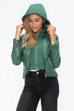 Green Faux Leather Drawstring Hooded Jacket for Women Woman Outerwear