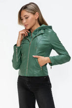 Green Faux Leather Drawstring Hooded Jacket for Women Woman Outerwear