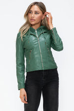 Green Faux Leather Drawstring Hooded Jacket for Women
