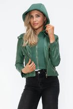 Green Faux Leather Drawstring Hooded Jacket for Women Woman Outerwear