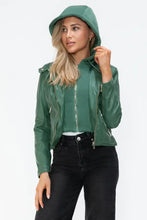 Green Faux Leather Drawstring Hooded Jacket for Women Woman Outerwear