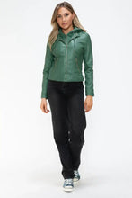 Green Faux Leather Drawstring Hooded Jacket for Women Woman Outerwear