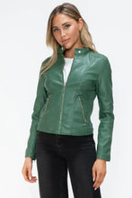 Green Faux Leather Drawstring Hooded Jacket for Women Woman Outerwear