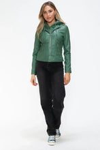 Green Faux Leather Drawstring Hooded Jacket for Women Woman Outerwear