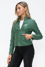 Green Faux Leather Drawstring Hooded Jacket for Women Woman Outerwear
