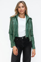 Green Faux Leather Drawstring Hooded Jacket for Women Woman Outerwear