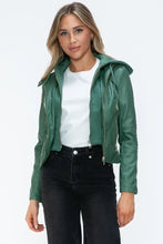 Green Faux Leather Drawstring Hooded Jacket for Women Woman Outerwear
