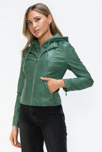 Green Faux Leather Drawstring Hooded Jacket for Women Woman Outerwear