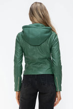 Green Faux Leather Drawstring Hooded Jacket for Women