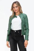 Green Faux Leather Drawstring Hooded Jacket for Women Woman Outerwear