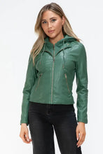 Green Faux Leather Drawstring Hooded Jacket for Women Woman Outerwear