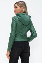Green Faux Leather Drawstring Hooded Jacket for Women
