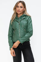 Green Faux Leather Drawstring Hooded Jacket for Women