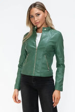 Green Faux Leather Drawstring Hooded Jacket for Women Woman Outerwear