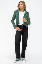 Green Faux Leather Drawstring Hooded Jacket for Women Woman Outerwear