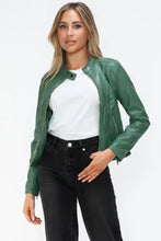 Green Faux Leather Drawstring Hooded Jacket for Women Woman Outerwear