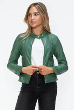 Green Faux Leather Drawstring Hooded Jacket for Women Woman Outerwear