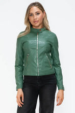 Green Faux Leather Drawstring Hooded Jacket for Women Woman Outerwear