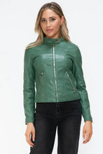 Green Faux Leather Drawstring Hooded Jacket for Women Woman Outerwear