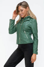 Green Faux Leather Drawstring Hooded Jacket for Women Woman Outerwear