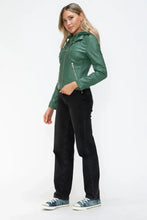 Green Faux Leather Drawstring Hooded Jacket for Women Woman Outerwear