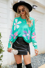 Green Floral Acrylic Sweater with Long Sleeve Length for Women Teal