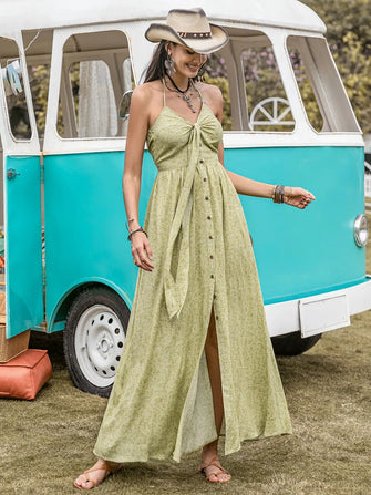 Green Floral Halter Maxi Dress with Cowboy Hat Sage