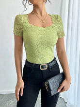 Green Floral Lace Square Neck Top for Women Green