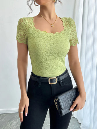 Green Floral Lace Square Neck Top for Women Green