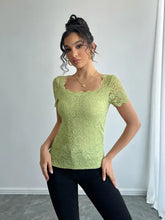 Green Floral Lace Square Neck Top for Women Woman T Shirts