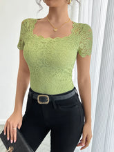 Green Floral Lace Square Neck Top for Women