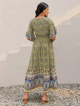 Green floral maxi dress with printed flounce sleeve and smocked waist