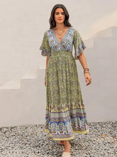 Green Floral Maxi Dress with Printed Flounce Sleeve and Ruched Waist