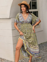 Boho olive green maxi dress with printed flounce sleeve and v-neck