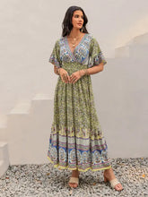 Green floral maxi dress with printed flounce sleeve and ruched waist