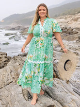 Green Floral Maxi Dress with Straw Hat Maxi Dresses