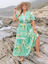 Green Floral Maxi Dress with Straw Hat