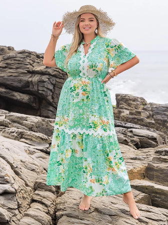 Green Floral Maxi Dress with Straw Hat Gum Leaf
