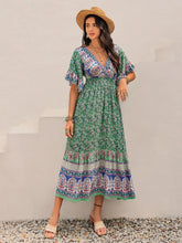 Green Floral Print Ruched Maxi Dress