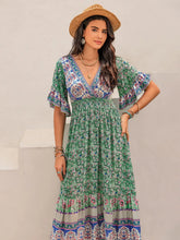 Green Floral Print Ruched Maxi Dress