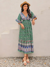 Green Floral Print Ruched Maxi Dress Casual Dresses